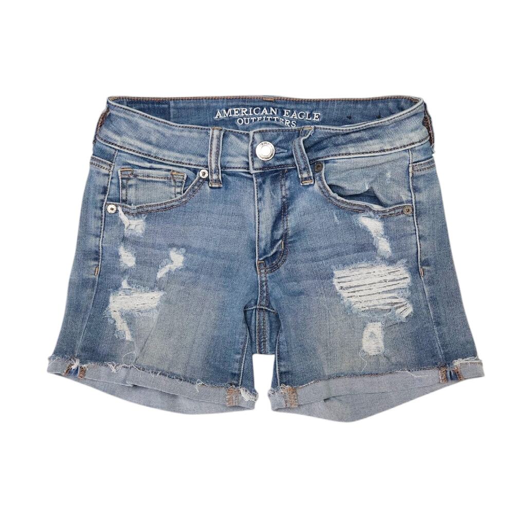 American Eagle AEO Light Wash Mid Rise Super Super Stretch Distressed Shorts‎ 2